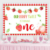 Lofaris Red Squares Lovely Strawberries 1st Birthday Backdrop